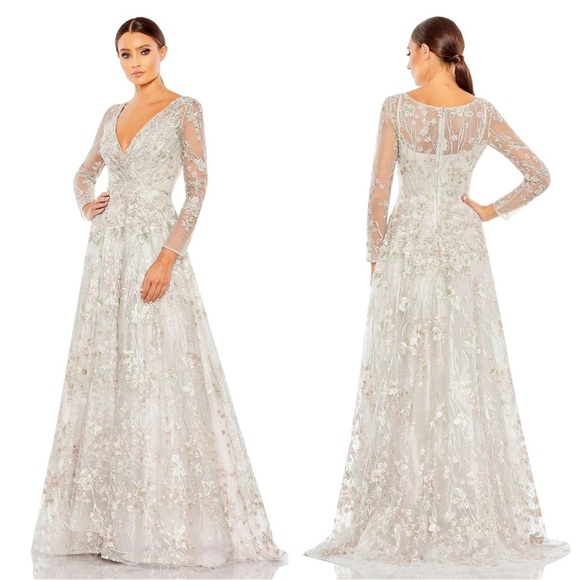 Mac Duggal 20402 Embellished Wrap Over Illusion Long Sleeve A-Line Gown NWT